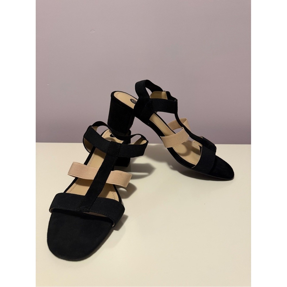 Impo Ella Black Tan Elastic Strappy Block Heel Sandals Size 9M Comfort Insole